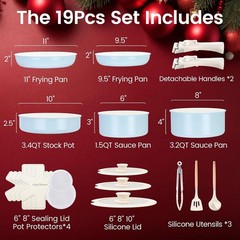 Light Blue Ceramic Nonstick Cookware Set 19pcs – Oven Safe