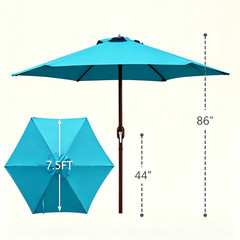 7.5 Ft Outdoor Market Patio Umbrella with Crank, 6 Ribs, Cyan