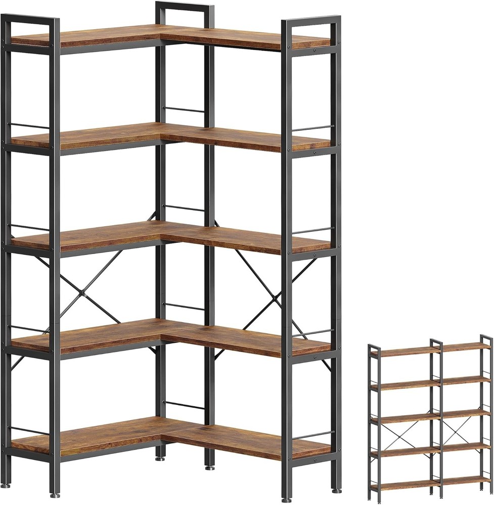 Huuger 5 Tier Bookshelf, L Shaped Corner Bookshelf with 10 Open Shelves, 49.4 In