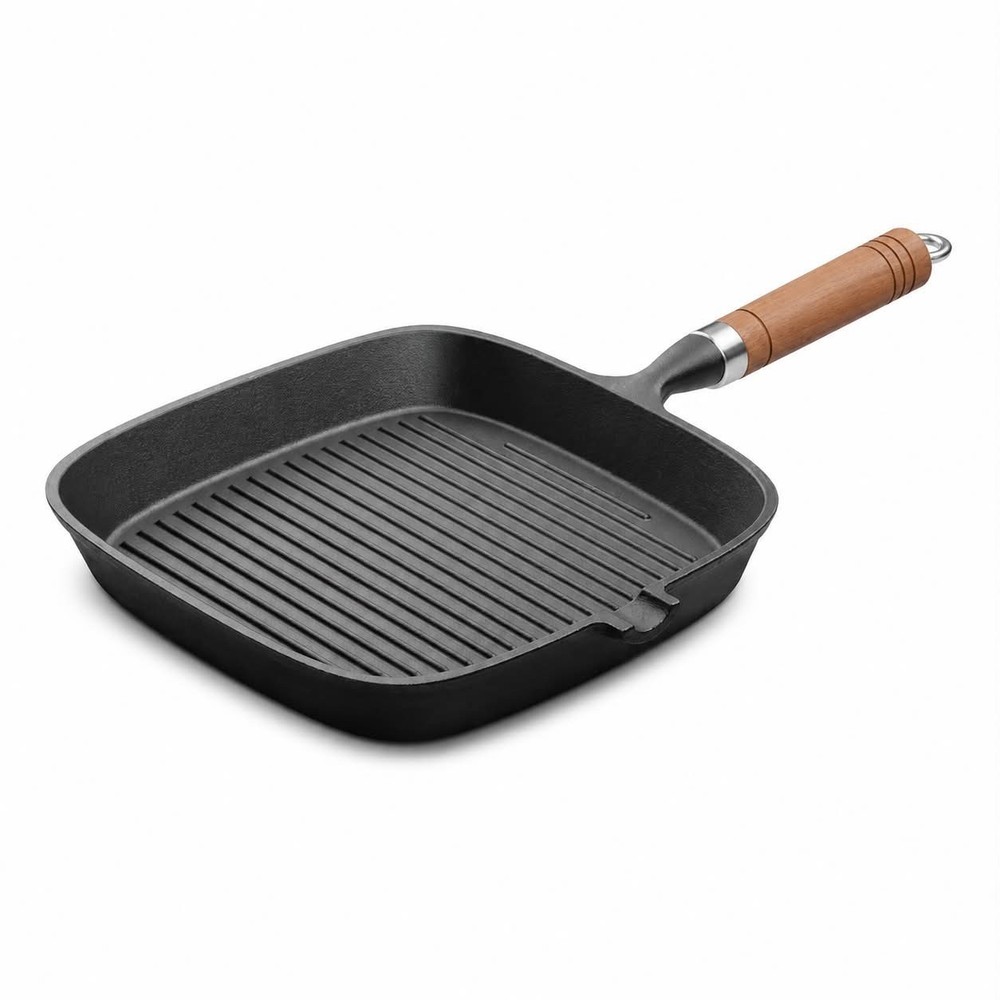 Cast Iron Grill Pan Steak Frying Skillet Wooden Handle BBQ Camping Kitchen