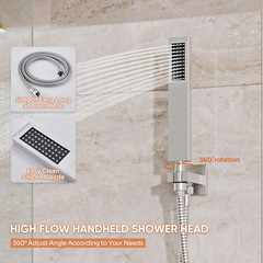 Shower System, 10” High Pressure Brushed Nickel Shower Head with Handheld Spray
