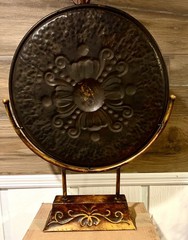 Beautiful Large Ornate Metal Medallion on Stand Ombre Brown Hammered Decor 26.5”