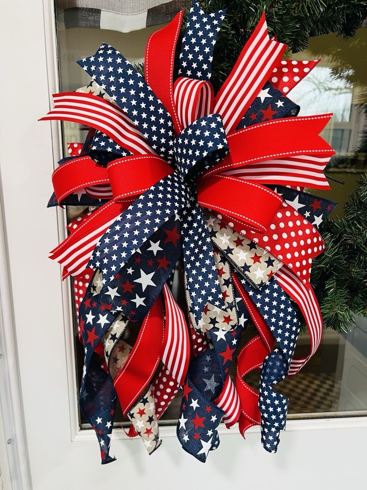 XL Handmade Red White Blue Patriotic 4th Memorial Day Wreath Lantern Bow Decor
