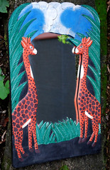 Vtg Hand Carved Painted WOOD MIRROR Jungle Giraffes 18.5″ Orange Green Blk BALI