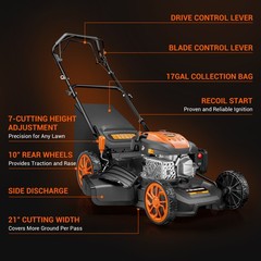 Mutaomay 21″ Gas Lawn Mower Self Propelled 3-in-1, 170cc, 17Gal Grass Catcher