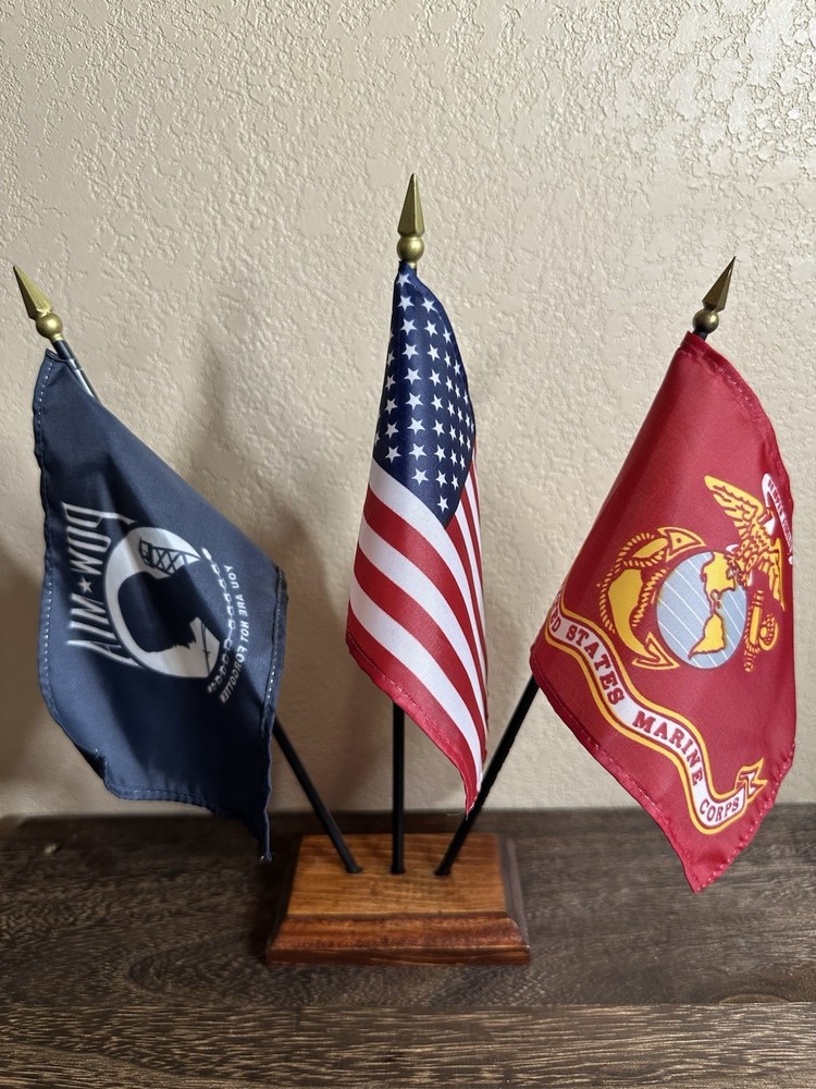 Wood Stand With 3 Flags United States,US Marine Corps, And POW