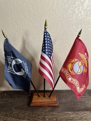 Wood Stand With 3 Flags United States,US Marine Corps, And POW