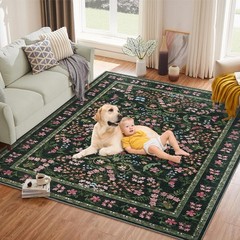 9×12 Washable Area Rug, Boho Floral Low Pile Non Slip Carpet for Living Room