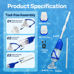 Cordless Pool Vacuum Cleaner 13.2GPM Handheld Rechargeable for Pools & Spas Blue