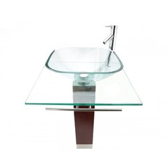 Rectangle Glass/Wood Bathroom Pedestal Sink with Chrome Faucet, Drain, Towel Bar