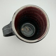 Handmade Studio Art Pottery Mug 3.25in Black Fish Abstract Sgraffito 1990