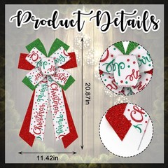 Large Glitter Green Red White Burlap Christmas Wreath Bow Tree Topper Decor
