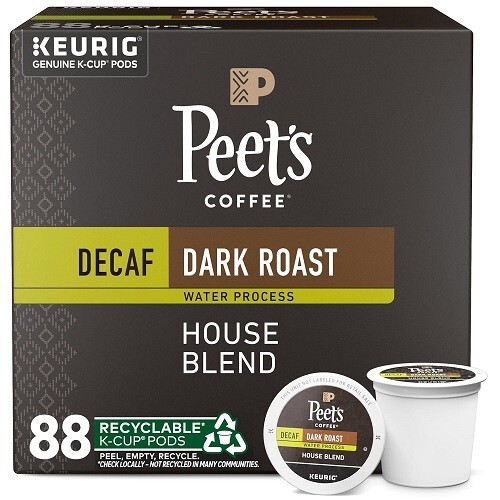 Peet’s Coffee House Blend Decaf Dark Roast Coffee K-Cup Pods, 88 Count.