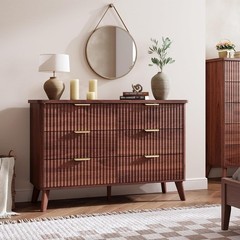 Fluted Dresser TV Stand for Bedroom with 6 Deep Drawers Modern Chest of Drawers