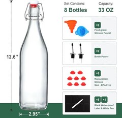 8 Pack [1 Liter / 33 Fl. Oz.] Swing Top Glass Bottles W/ Airtight Stopper Lids –