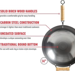 JOYCE CHEN Classic Series 14-Inch Carbon Steel Wok with Birch Handles Round Bott