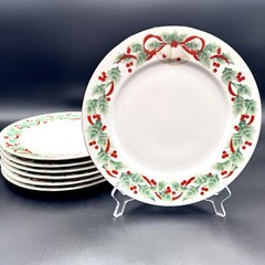 VTG 1990 SANGO NOEL 10.25″ Dinner Plates 8401 Christmas Holly & Ribbons SET/7