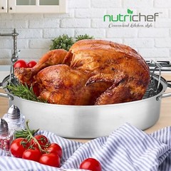 Nutrichef Oval Roasting Pan w/ Polished Rack, Wide Handle & Stainless Steel Lid,