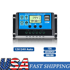 10A 12V/24V Solar Panel Battery Charge Controller LCD Auto Regulator Two USB US