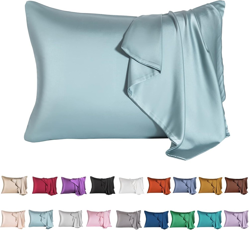 Aqua Blue Mulberry Silk Pillowcase Soft Breathable Anti-aging Hidden Zipper