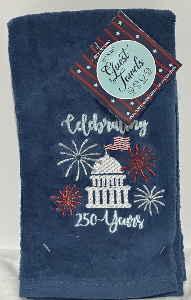 4th Of July Fingertip Towels Embroidered “Celebrating 250 Years” Soft Thick