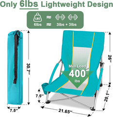 Low Beach Chairs for Adults 2 Pack, Lightweight Folding Sand Chairs with Breatha