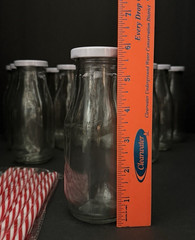 10 oz. Glass Milk Bottles with Reusable Lids and Red & White Straws Lot of 12