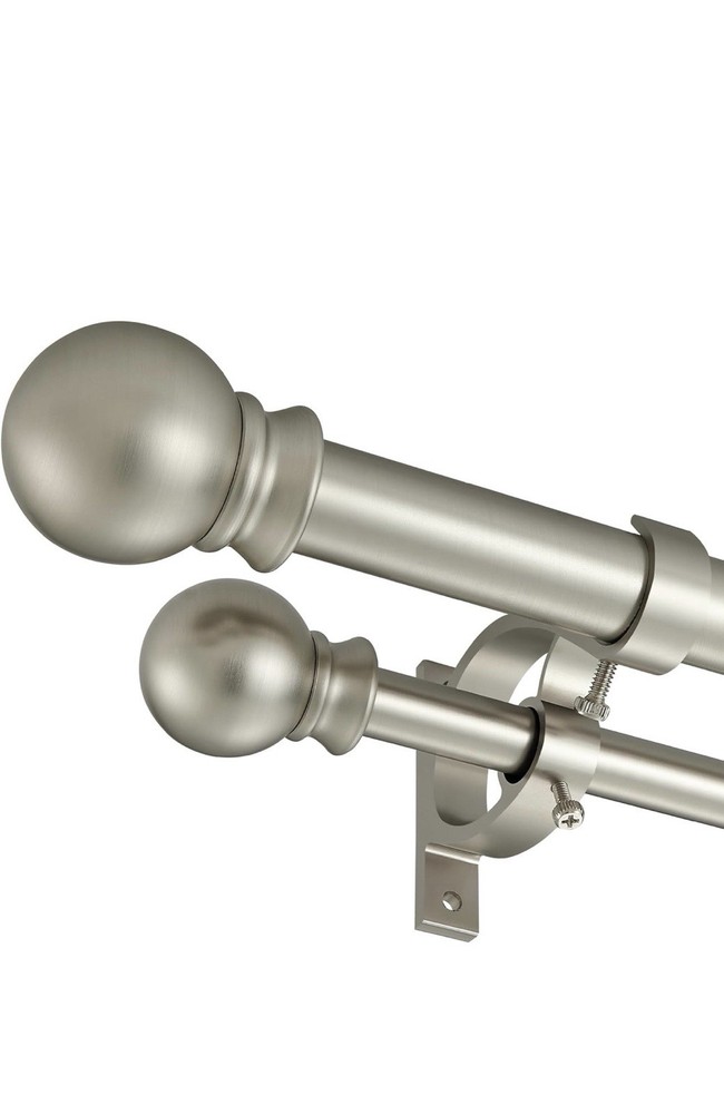 Double Curtain Rod Set 1.56in Aluminum Silver w/ Ball Finials & Brackets