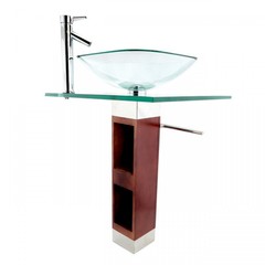 Rectangle Glass/Wood Bathroom Pedestal Sink with Chrome Faucet, Drain, Towel Bar
