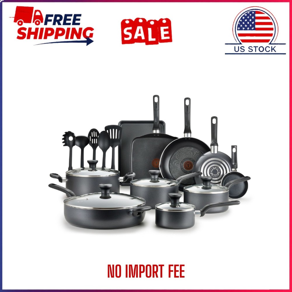 T-fal Easy Care, 20 Piece Non-Stick Pots and Pans Cookware Set, Grey