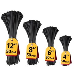 Black Zip Ties Assorted 12+8+6+4 inch, 200 Pack, 4+6+8+12 (200 Pack),