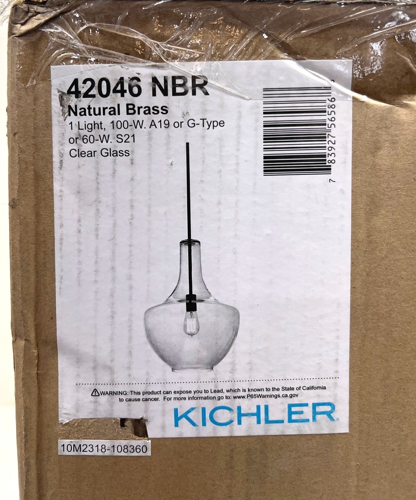 Kichler Everly 19.75 in. 1-Light Natural Brass Pendant Light Clear Glass