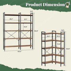 Industrial L-Shape 5-Tier Bookcase, Wood & Metal, Brown/Black, 65.8″ Tall