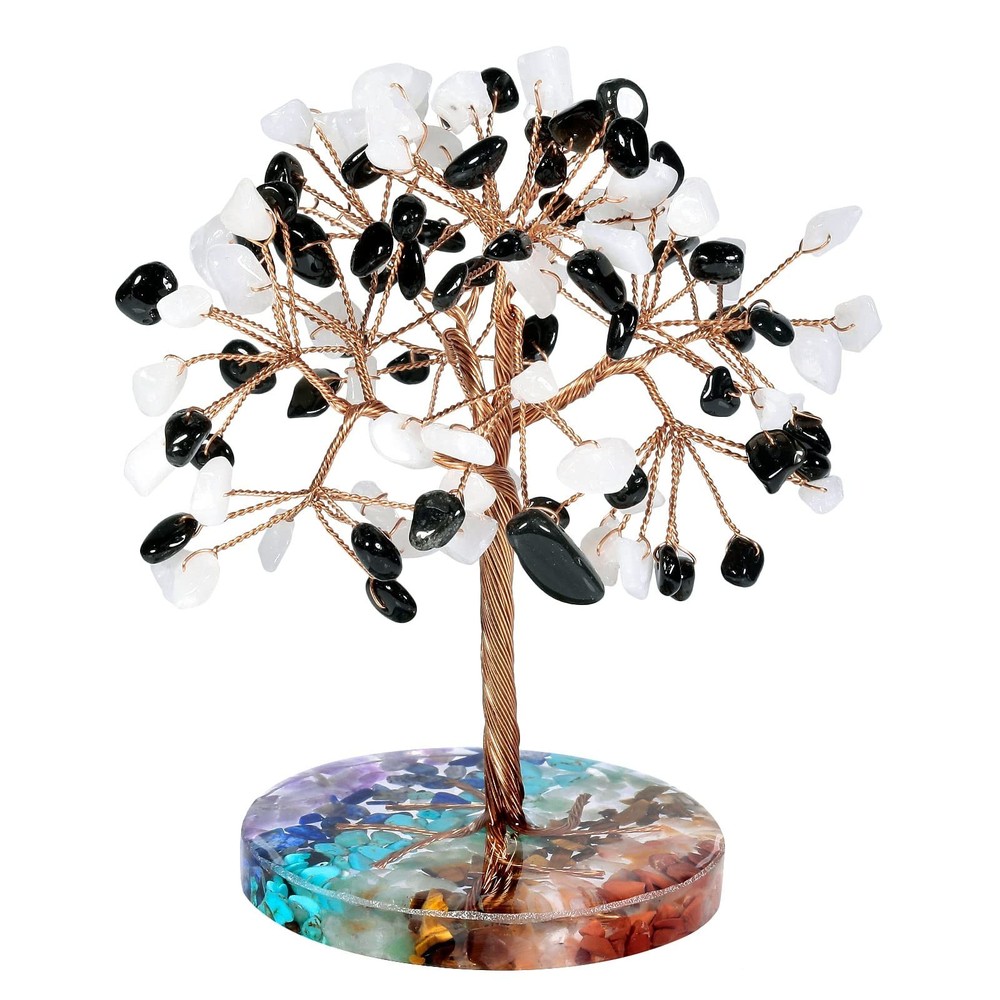 4.6″ Crystal Money Tree White Jade Black Obsidian 7 Chakra Stone Base