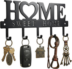 Entryway Wall Key Holder 5 Hooks Metal Key Rack Sweet Home Black 9.8in
