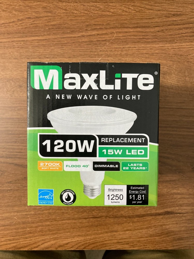 maxlite 15p38wd27fl par 38 wet rated dimmable @120 volts 15 watts 60 hz 2700k