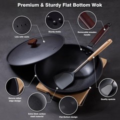 Carbon Steel Wok -13 Inch Woks & Stir-fry Pans Nonstick, Wok Pan with Lid Spa…