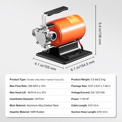 VEVOR Water Transfer Removal Pump Portable Utility Pump 12V 360 GPH 1/10 HP Hose