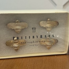 Pottery Barn Napkins Embroided Bees White Set Of 4 NIP w/ Napkin Rings + Picks