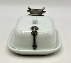 RARE Pillivuyt France Porcelain Butter Pat Dish, Silver/ Pewter Cow Head & tail