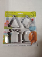 New stainless steel cookie cutter sets. Each pack has four cutters. Themes inclu