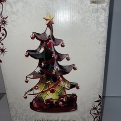 RARE Vintage Light Up Faux Stained Glass Christmas Tree 15.5 in. Needs New Light