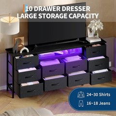 TV Stand for 65, 70, 75 Inch TV 10 Drawer Long Dresser w Power Outlets LED Light