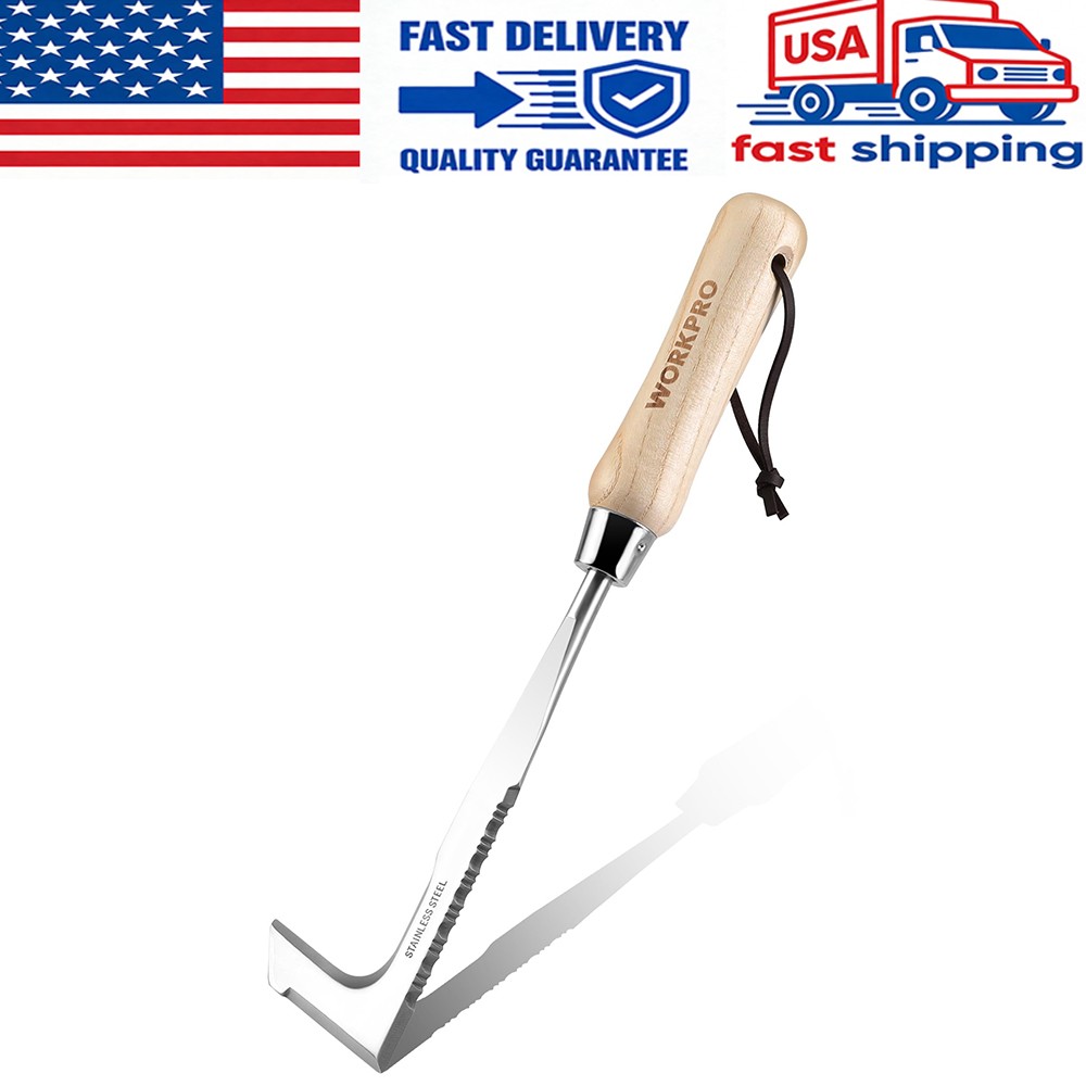 WORKPRO 12″ Crack Weeder Tool with Wooden Handle L-Shaped Side-Walk Weed Puller