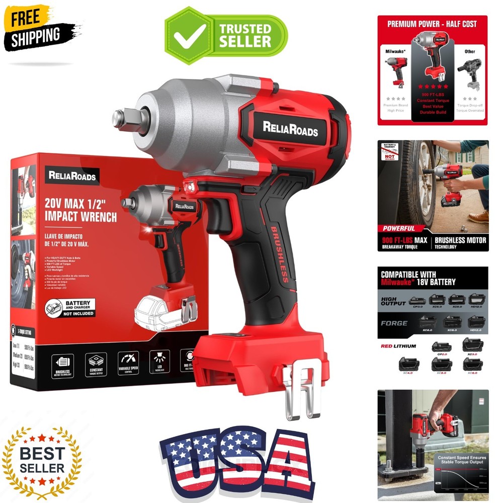 900 Ft-lbs Cordless Impact Wrench, 1/2 Inch Impact Gun Compatible MilWauke 18…