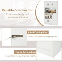 71” Tall Kitchen Pantry Cabinet with Charging Station, Microwave Stand & Doors