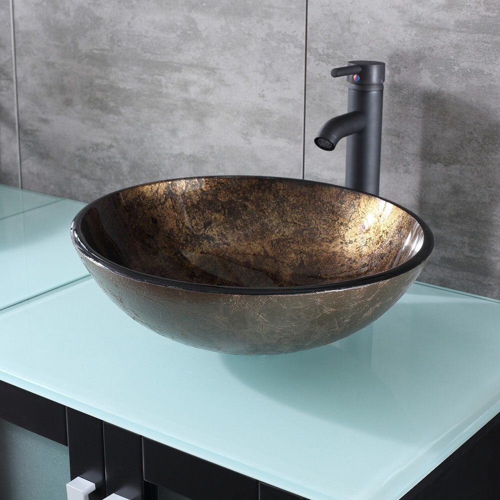 Bathroom Vessel Sink Tempered Glass Vanity Basin Bowl w/ Faucet & Drain Combo