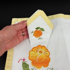 Vintage Handmade Placemat Napkin Set 8pc Floral Embroidered White Yellow Cotton