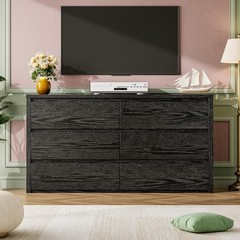 Wide 6 Drawer Dresser Black, Handle Free Wood Chest for Bedroom Living Room