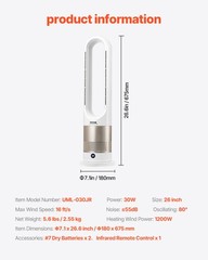 26″ Bladeless Tower Fan Heating Cooling Remote Control Timer Oscillating 8 Speed
